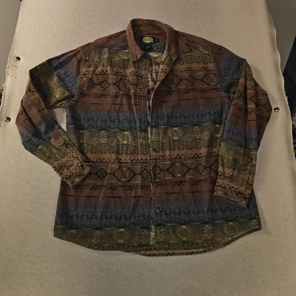 Cabelas Women L Southwestern Aztec Cotton Button Down Shirt Brown Blue 911763